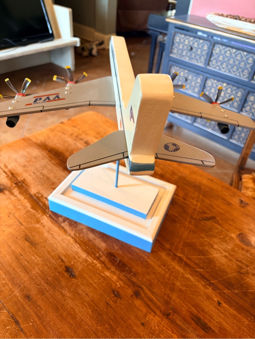 Wooden Retro Airplane Model - Gray and Cream with Blue Base